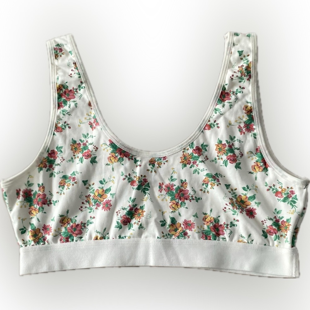 Floral Scoop-Neck Cotton Sports Bra - White with Pink & Yellow Floral